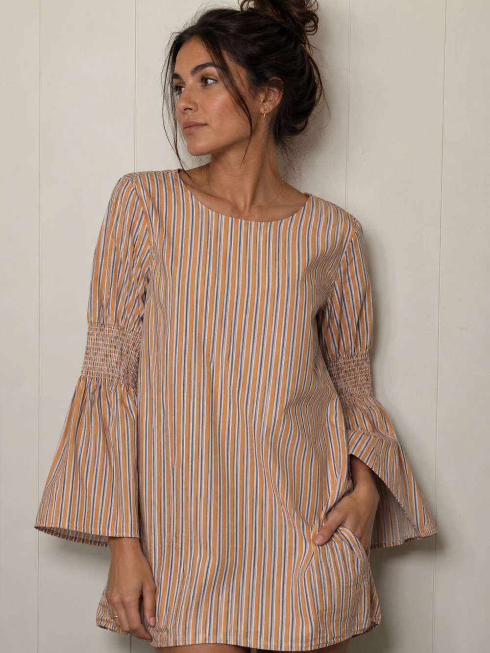 Striped Bell-Sleeve Mini Dress in Mustard